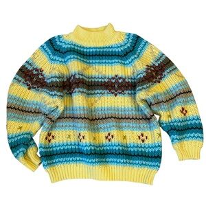 One Step Ahead Vintage Vibrant Striped Crewneck Sweater Yellow Blue Medium